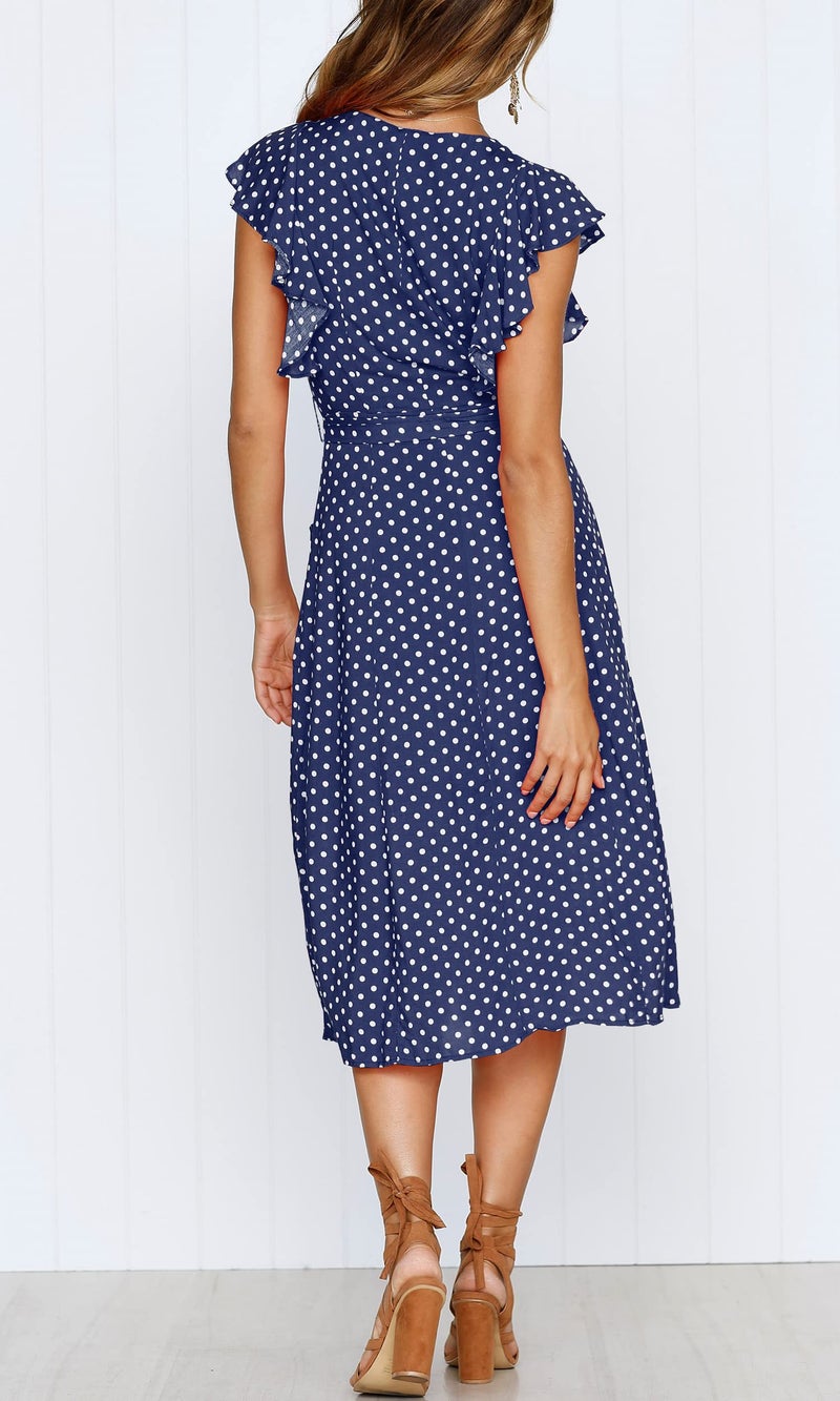 MITILLY Women's Boho Polka Dot Flutter Short Sleeve V Neck Button Down Swing Midi Dress with Pockets Small Dark Blue - Image 4